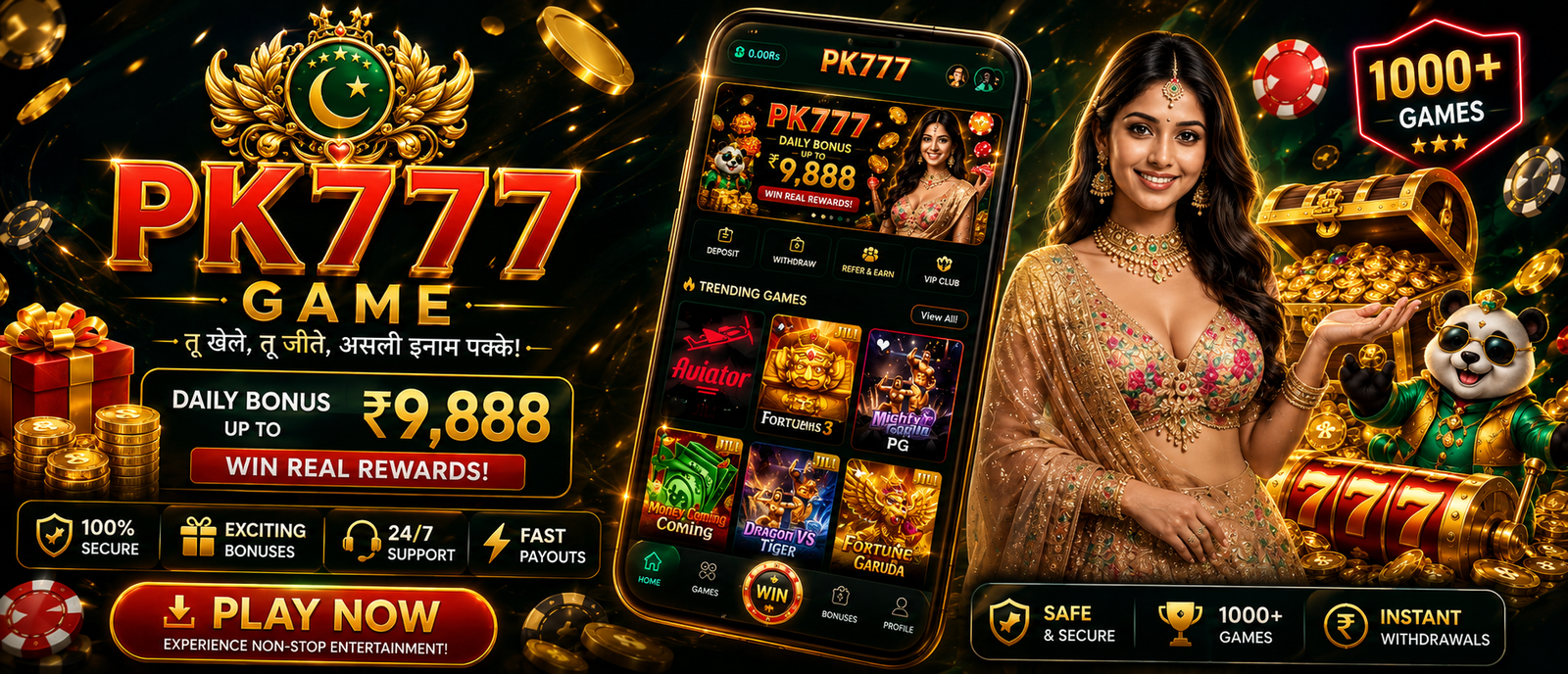 PK777 promotional banner — play 1,000+ games, safe and secure, fast withdrawals